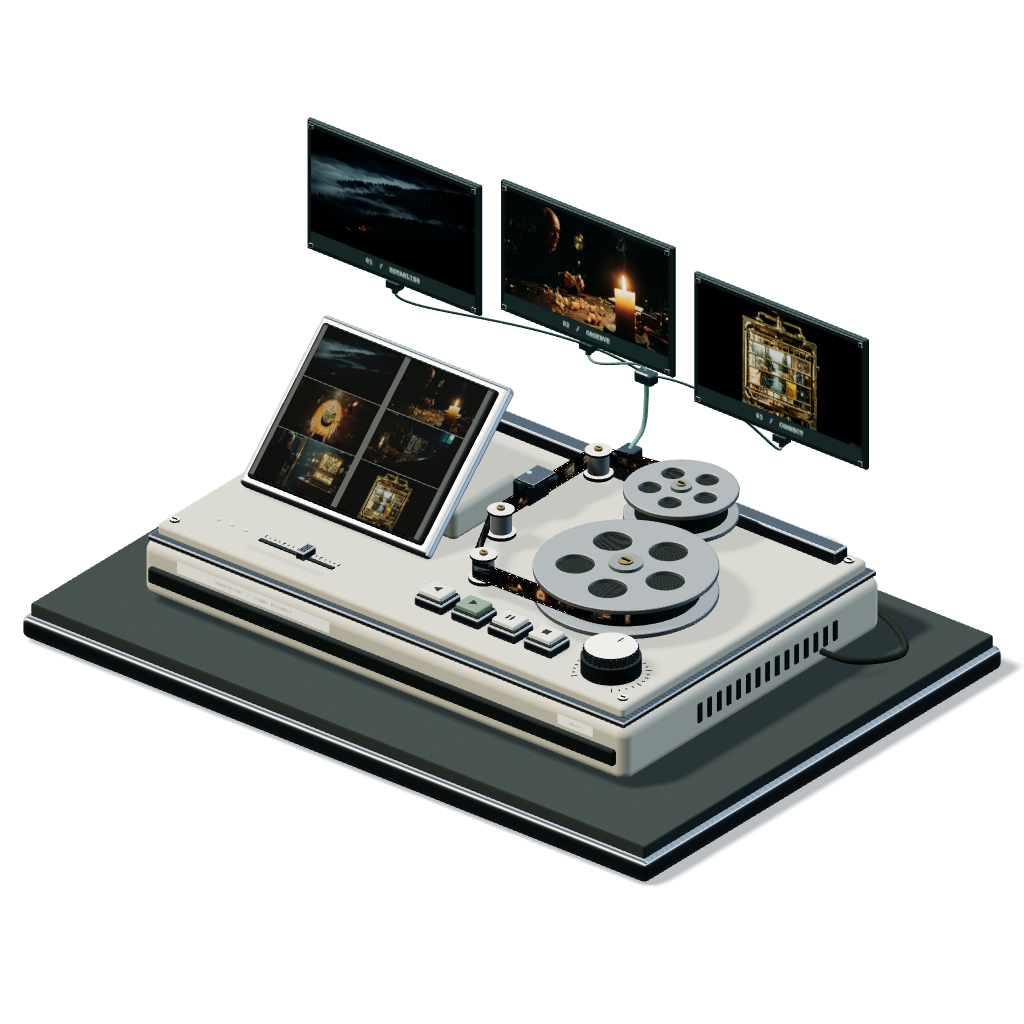 Branchline film device with reels and connected scene cards