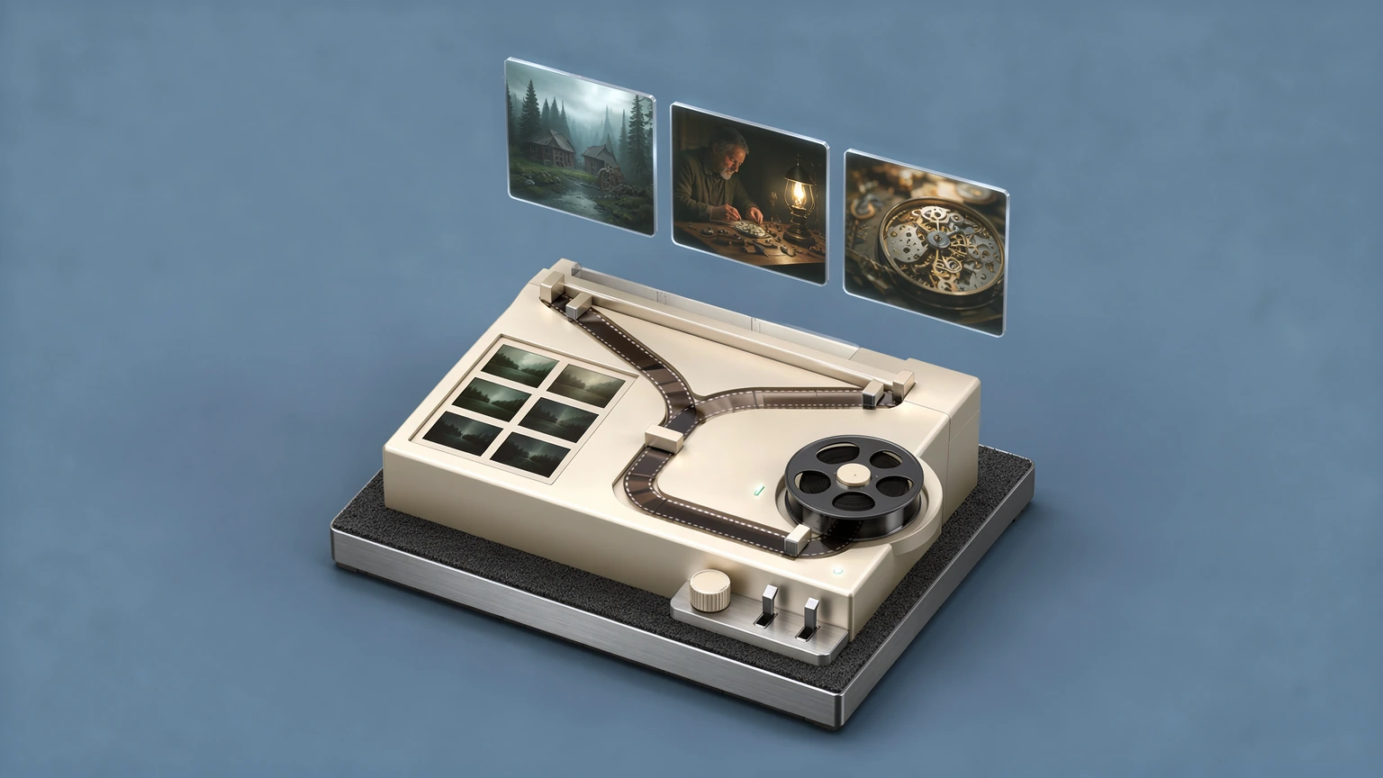 An isometric editing desk with floating photographic frames on a dusty-blue background